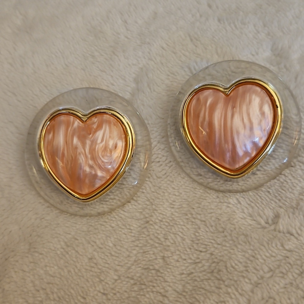 Vtg 1980s Statement Round Acrylic Pastel Marbled Pink Heart Post Earrings - Picture 2 of 5